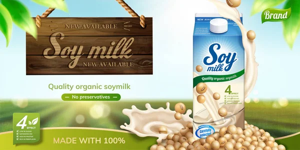 Σόγιας Γάλα Διαφημίσεις Υγρό Στροβιλίζονται Γύρω Από Χαρτοκιβώτιο Και Ξύλινη — Διανυσματικό Αρχείο