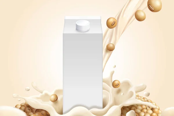 Leere Milchkartonattrappe Mit Sojabohnen Und Sojamilch — Stockvektor
