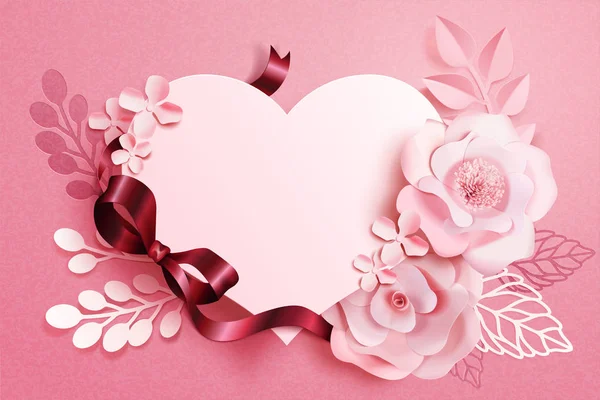 Romantische Bloemen Papier Kunst Met Hart Vorm Linten Roze Toon — Stockvector