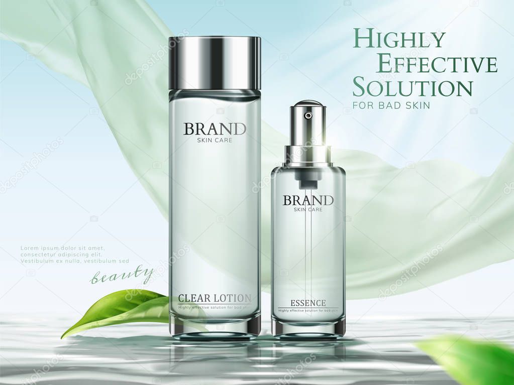 Lotion and essence ads in light green tone with chiffon and green leaves in 3d illustration