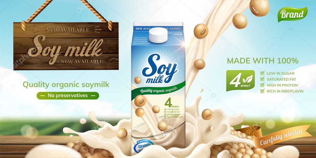Soy milk ads with splashing liquid and wooden sign hanging in the air on bokeh green field background in 3d illustration