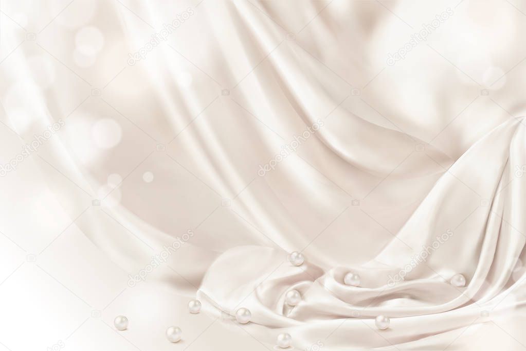 Smooth drapery with pearls background in 3d illustration, glitter effect