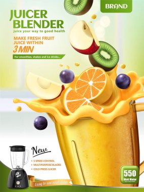 Bokeh mutfak arka planda, 3d illüstrasyon kap içinde bırakarak taze dilimlenmiş meyve sıkacağı blender reklamlarla