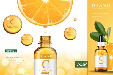 C vitamini özünü reklamlarla damlacık şişe içine 3d çizim bokeh arka plan damlama dilimlenmiş portakal serum