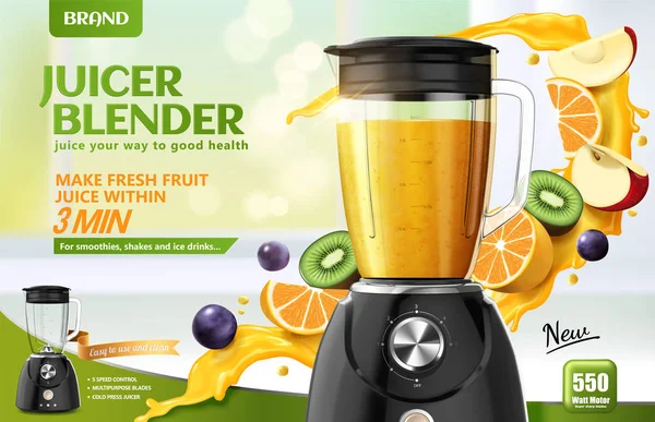 Juicer Blender Anúncios Com Suco Salpicante Frutas Fatias Frescas Fundo — Vetor de Stock