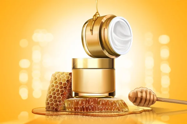 Mel Creme Jar Ads Com Favos Mel Dipper Fundo Dourado —  Vetores de Stock