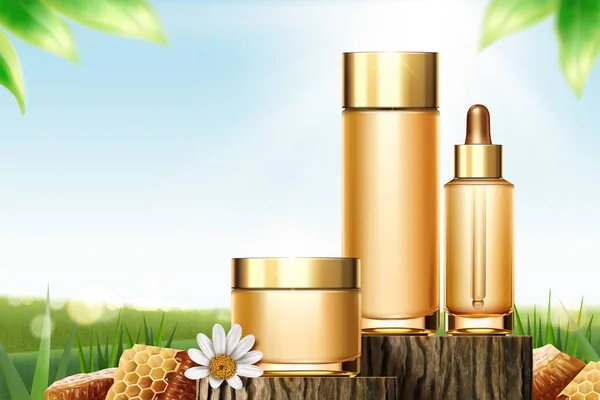 Anúncios Skincare Mel Tronco Árvore Cortado Com Favo Mel Ilustração — Vetor de Stock