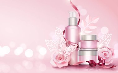 Kağıt Sanat çiçekler ve kelebekler elemanları ile kopya alanı hafif pembe 3d resimde boş cilt bakımı ayarlar