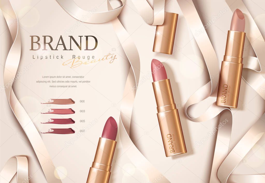 Rose gold package lipstick ads with ribbons in flat lay, 3d illustration