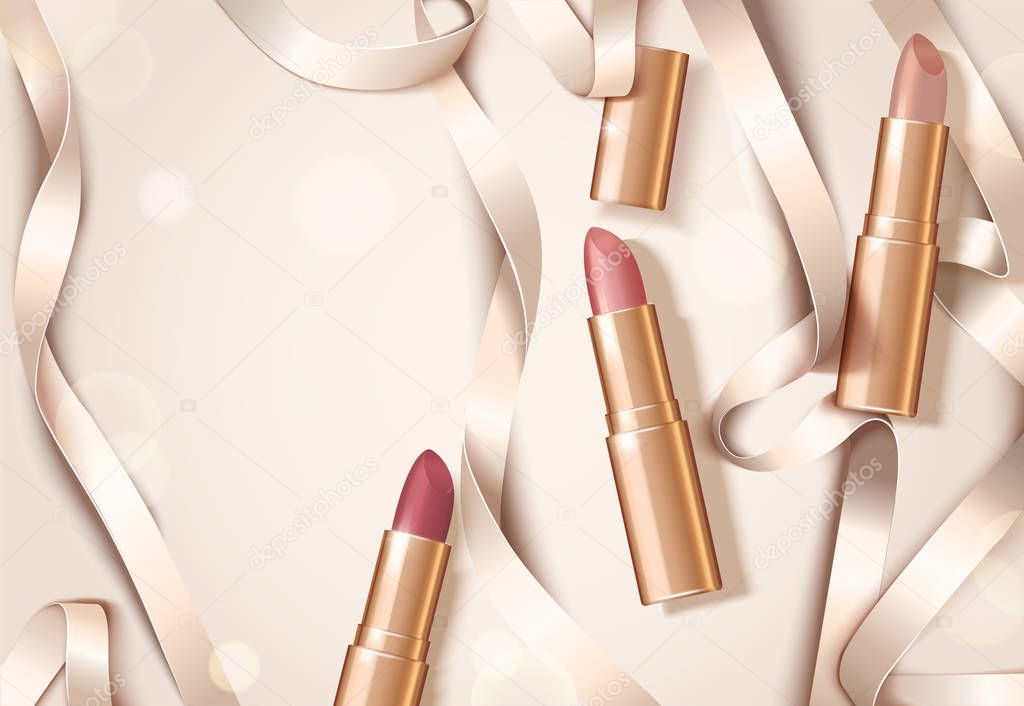Rose gold package lipsticks with ribbons in flat lay, 3d illustration design with copy space