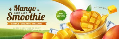 Mango smoothie banner reklamlar Kupası bokeh doğa arka plan üzerinde 3d resimde çıkar içine dökme içecek sıçramasına ile