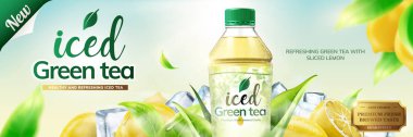 Yeşil çay banner reklamları buz ve limon meyve elemanları 3d resimde şişelenmiş