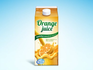 Portakal suyu içecek karton mockup 3d illüstrasyon mavi zemin üzerine