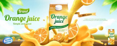 Portakal suyu içki içecek bokeh doğa arka plan üzerinde 3d çizimdeki sıçrama ile reklam banner