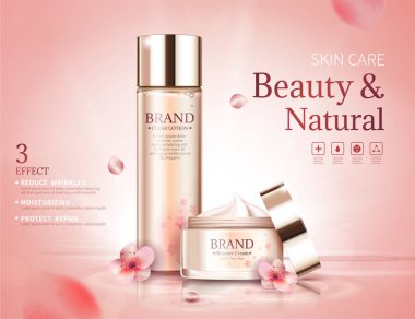 Kiraz çiçeği cilt bakım reklamlar yaprakları 3d resimde uçan ile