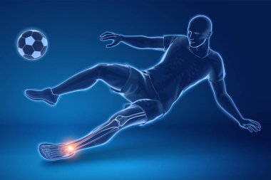 Onun ayak bileği Sidekick gerçekleştirme bir futbolcu yaralı, x-ışını etkisi 3d resimde