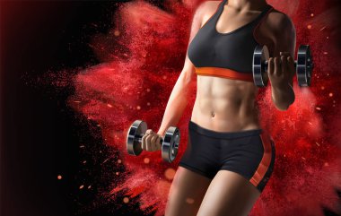 Fitness kadın kırmızı toz etkisi 3d resimde arka planda patlayan üzerinde ağırlık kaldırma