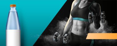 Sports drink banner ads with a fitness woman lifting weights with exploding powder effect in 3d illustration, copy space for design uses