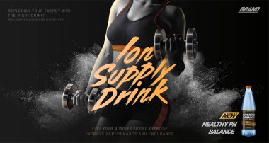 Spor toz etkisi 3d resimde patlayan bir fitness kadın kaldırma ağırlıkları arka plan, reklamlarla iç