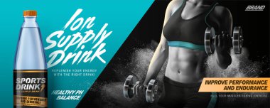 Ağırlık mı toz etkisi 3d resimde patlayan ile bir fitness kadınla banner reklamları spor iç