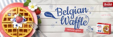 Belçika waffle banner reklamları ile ahşap masa, 3d resimde düz yatıyordu bakış açısı üzerinde lezzetli gözleme