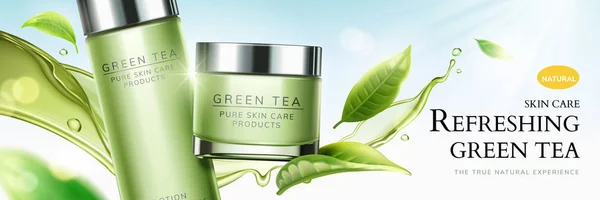 Refreshing green tea skin care banner ads with flying leaves and splashing liquid in 3d illustration