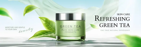 Refreshing Green Tea Skin Care Banner Ads Flying Leaves Chiffon — Stock Vector
