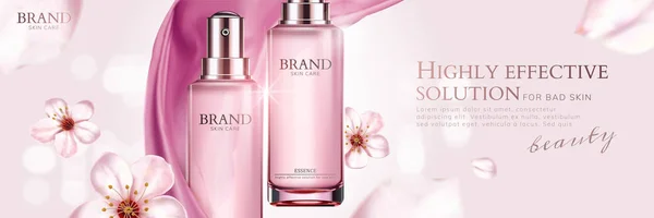 Panji Iklan Skincare Dengan Chiffon Merah Muda Dan Bunga Sakura - Stok Vektor