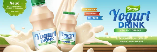 Joghurt Drink Werbebanner Mit Spritzender Flüssigkeit Illustration Blauer Himmelshintergrund — Stockvektor