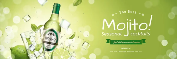 Sezonowe Mojito Sztandar Ads Rezygnować Pływające Kostki Lodu Zielonych Liści — Wektor stockowy