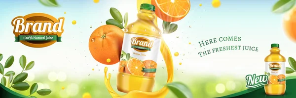 Annunci Banner Succo Arancia Con Frutta Fresca Liquido Vorticoso Sfondo — Vettoriale Stock