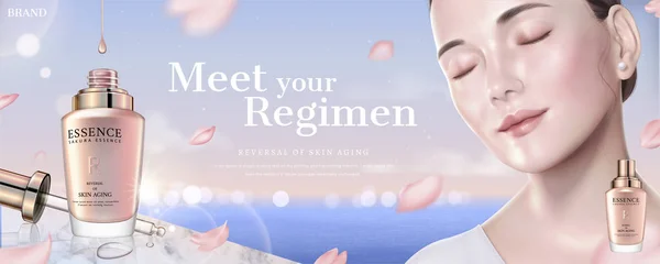 Iklan Inti Kecantikan Dengan Model Dan Bunga Sakura Terbang Udara - Stok Vektor