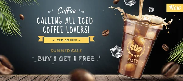 Ice Coffee Banner Annonser Med Takeaway Kopp Kaffe Blackboard Bakgrund — Stock vektor