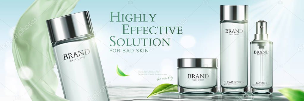Skincare banner ads with green chiffon and leaves elements in 3d illustration