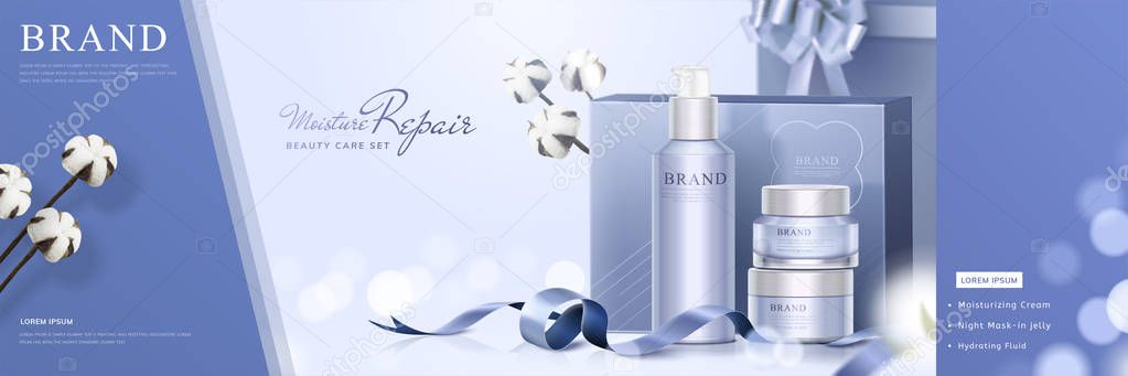 Skin care gift set banner ads with cottons and ribbons on glittering bokeh background in 3d illustration