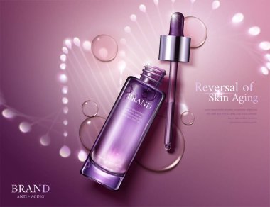 3d çizim şişelerde arkasında parlak sarmal yapısı ile kozmetik reklamları yaşlanma karşıtı, perspektif yat