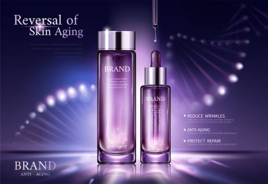 3d çizim şişelerde arkasında parlak sarmal yapısı ile kozmetik reklamları anti-aging
