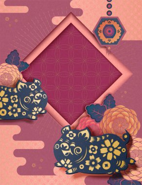 Çin yeni yılı stili arka plan Fuşya arka plan ile uçan piggy ve şakayık desen kağıt sanat tarzı