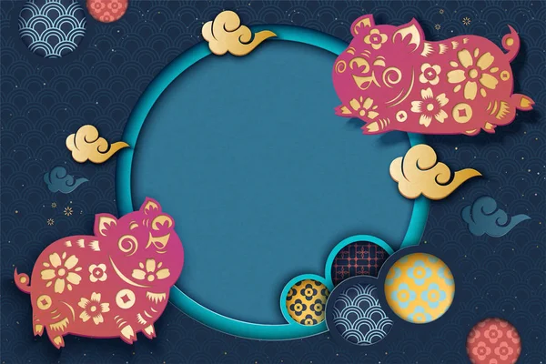 Glücklich Chinesischen Stil Hintergrund Mit Fliegenden Schweinchen Und Blumenmuster Papier — Stockvektor
