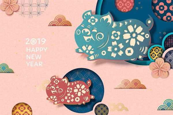 Happy New Year with flying piggy and floral pattern in paper art style, traditional Chinese style