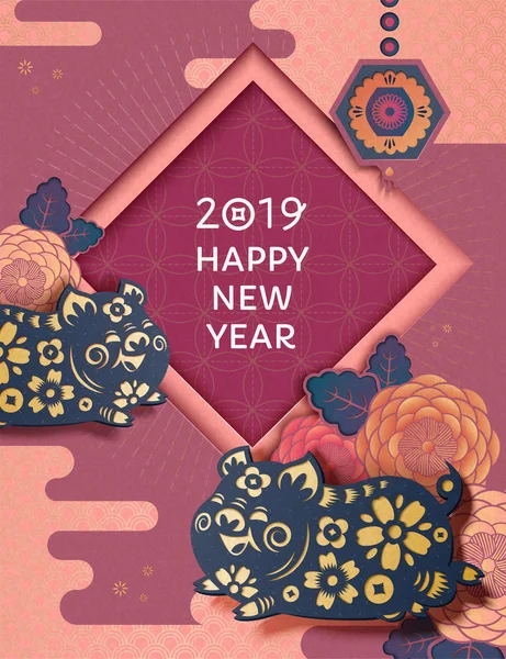 Happy New Year Flying Piggy Peony Pattern Paper Art Style - Stok Vektor