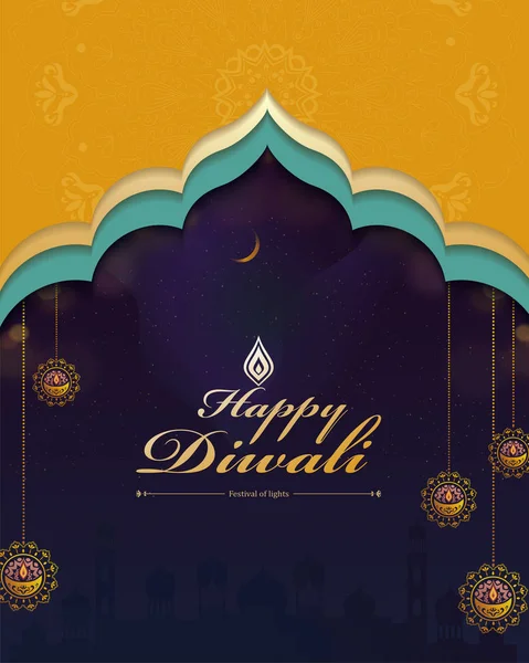 Gelukkige Diwali Ontwerp Met Hangende Decoraties Achtergrond Van Moskee — Stockvector