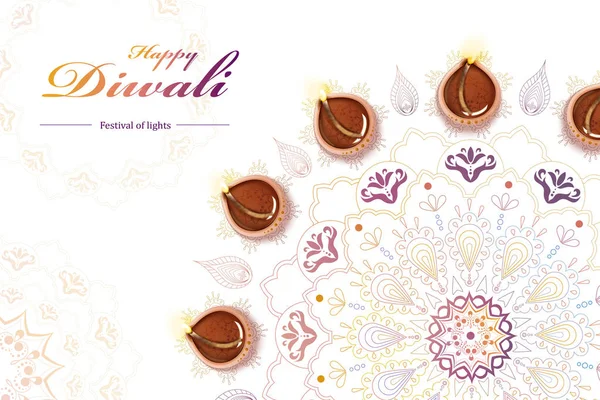 Bovenaanzicht Van Het Diwali Festival Ontwerp Met Diya Rangoli Creatieve — Stockvector