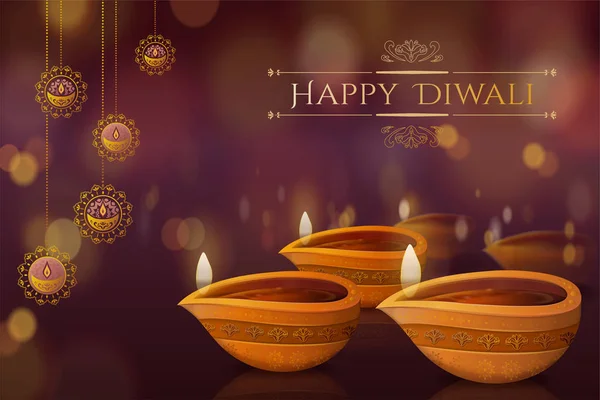 Diwali Festival Ontwerp Met Diya Opknoping Decoraties Achtergrond Bokeh — Stockvector