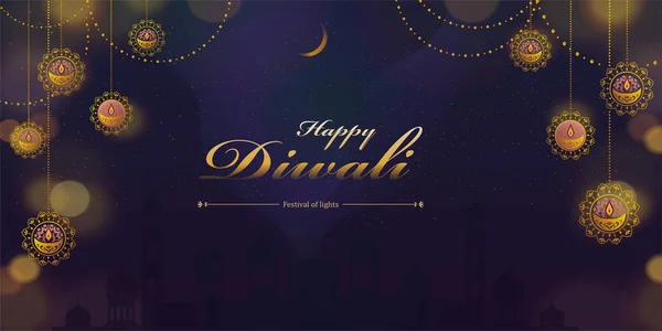 Gelukkige Diwali Ontwerp Met Hangende Decoraties Achtergrond Van Moskee — Stockvector