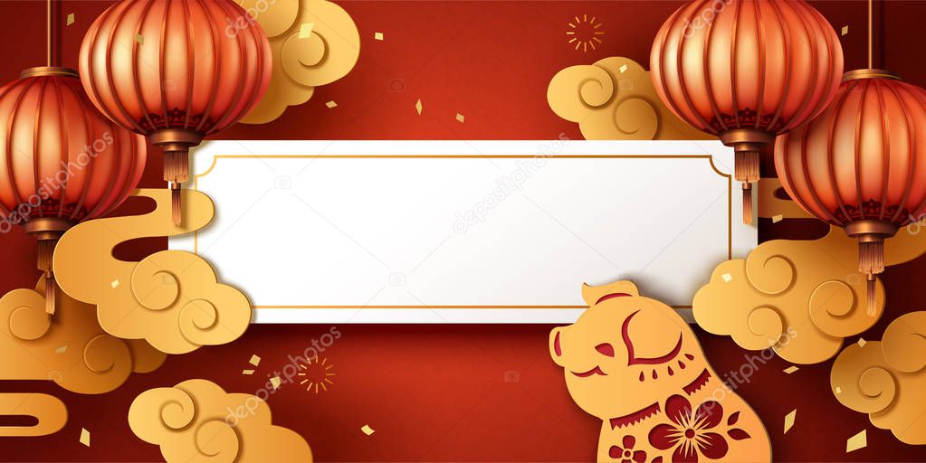 Year of the pig paper art style greeting design with lanterns and golden clouds, cute piggy and blank roll for design uses