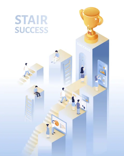 Conceito Sucesso Projeção Isométrica Pessoas Subindo Escadas Para Troféu — Vetor de Stock