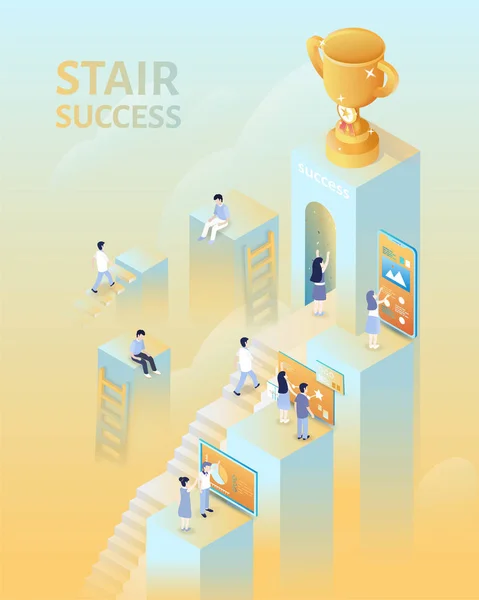 Conceito Sucesso Projeção Isométrica Pessoas Subindo Escadas Para Troféu — Vetor de Stock
