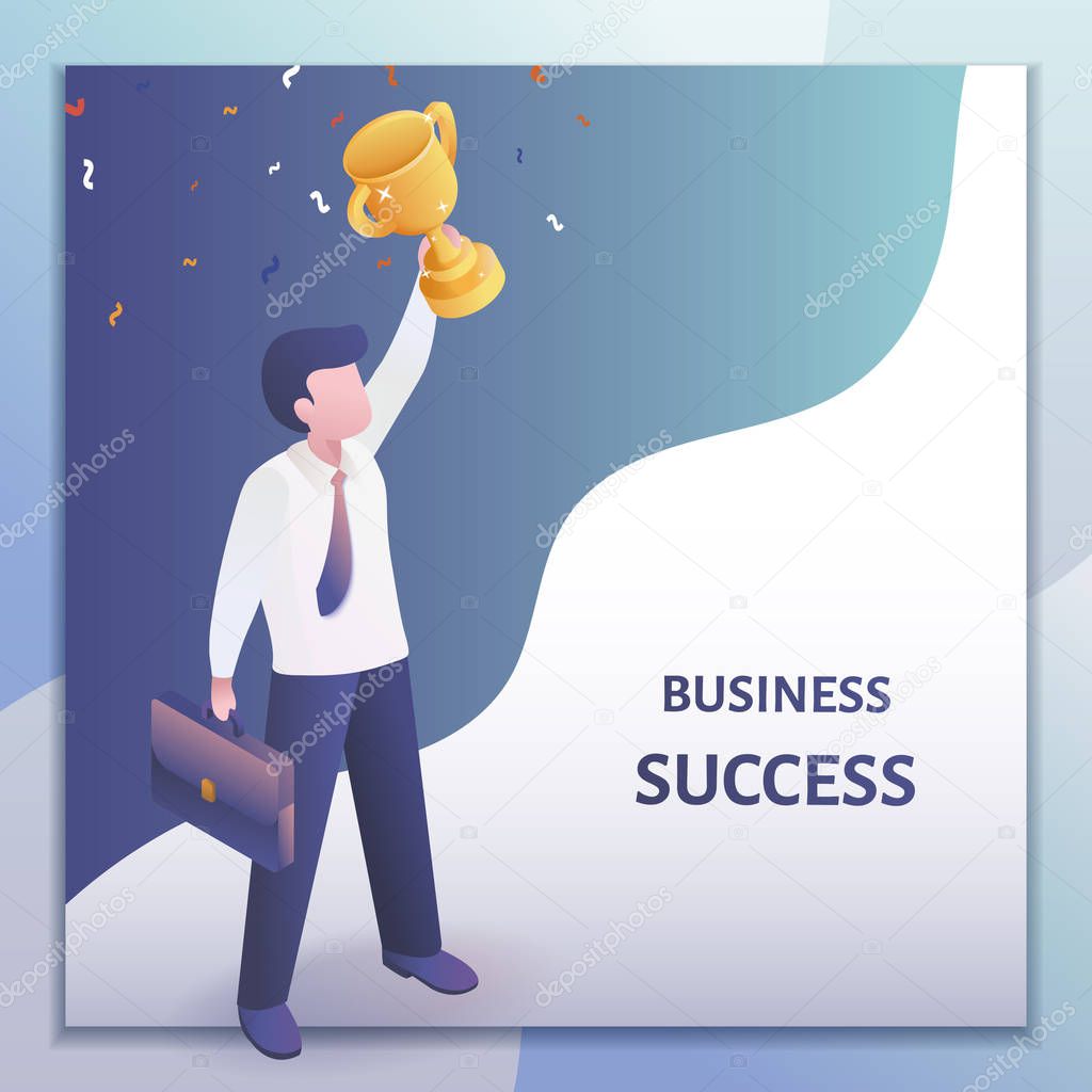 Business success concept in 3d isometric projection, businessman holding a trophy over his head