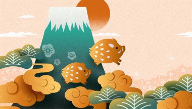 Japon yeni yıl kağıt sanat stil yaban domuzu ve fuji Dağı